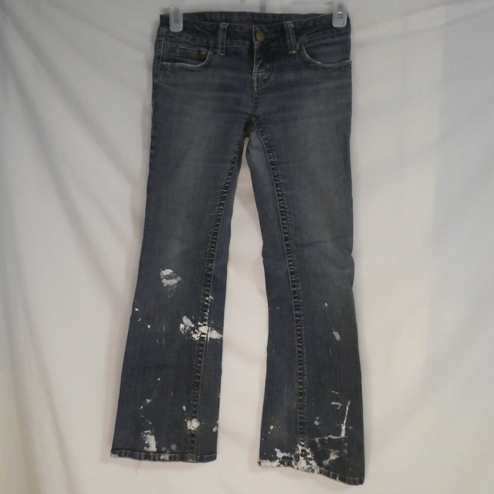 BLUENOTES | 27 X 30 | Kate Relaxed Flare | Distressed Denim | White Paint Spill